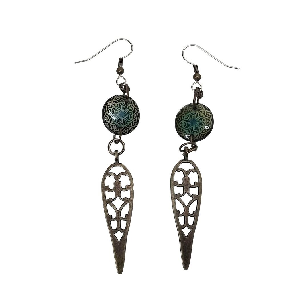 Antique Bronze Style Spear Dangle Drop Earrings Green & Black Patterned Beads